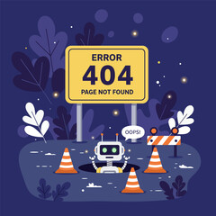 Error 404 page not found with a robot concept illustration