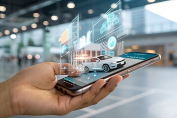 Person using smartphone app to view holographic car data, modern technology