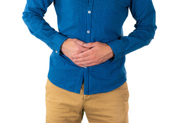 Man in blue shirt holding stomach with both hands indicating abdominal pain, digestive discomfort,...
