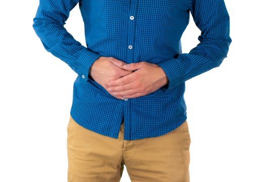 Man in blue shirt holding stomach with both hands indicating abdominal pain, digestive discomfort, or health issue related to gut. Isolated. Transparent png