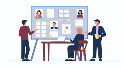 Obraz premium Three people collaborating around a board with pictures and notes in a business environment setting