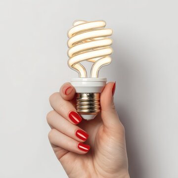 Hand Holding a Stylish Spiral LED Light Bulb on a Neutral Background, Symbolizing Modern Energy Efficiency and Sustainable Lighting Solutions for Home and Office Decor