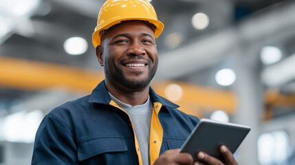 Smiling African American Engineer in Safety Uniform with Tablet