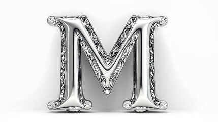 Elegant letter M in polished silver with intricate detail, a luxurious monogram for personalized design