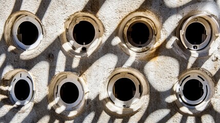 Circular Openings Surrounded by Shadows on a Textured Wall Surface
