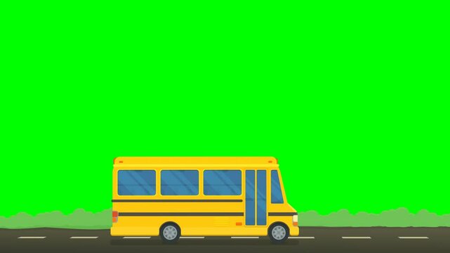 Animation loop of a yellow school bus driving on a road with bushes on a green screen, white background and alpha channel (flat design)