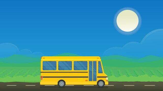 Side view animation loop of a camper van driving through the countryside under a blue sky (flat design)