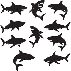 Silhouette Collection of Diverse Sharks in Various Poses