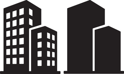 Two modern office building silhouettes against a white background.