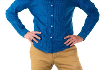 Man in casual outfit with hands on hips in assertive or thoughtful posture, expressing confidence or contemplation. Isolated. Transparent png