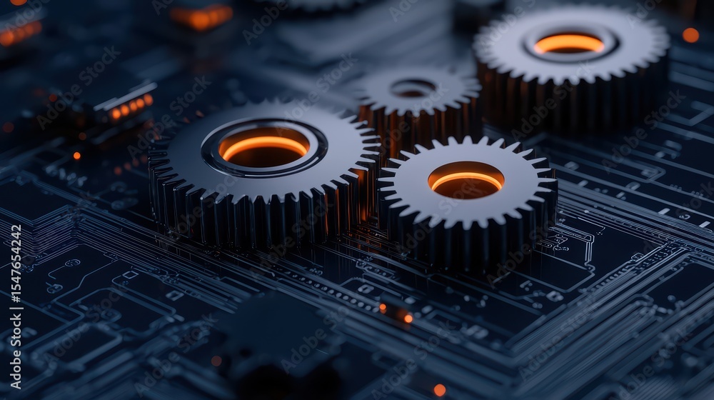 Poster close-up of metallic gears on circuit board with glowing elements for technology and engineering the