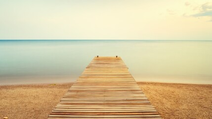 Fototapeta premium Tranquil wooden pier extending from pebbled-sandy beach into calm serene sea with soft light blue water, muted horizon, pale sky, wispy clouds, and peaceful atmosphere.