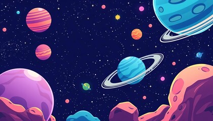 Fototapeta premium Vibrant cartoon alien planets in starry space; galaxy exploration flyer template, design, cartoon