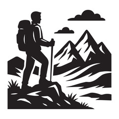 Silhouetted hiker gazing at majestic mountain range.