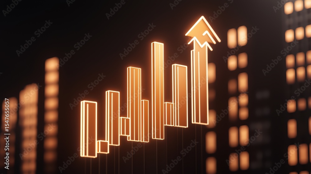 Poster dynamic growth chart with bright orange bars and arrow indicating progress in a modern financial env