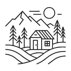 Simple line art illustration of a mountain cabin nestled in a valley.