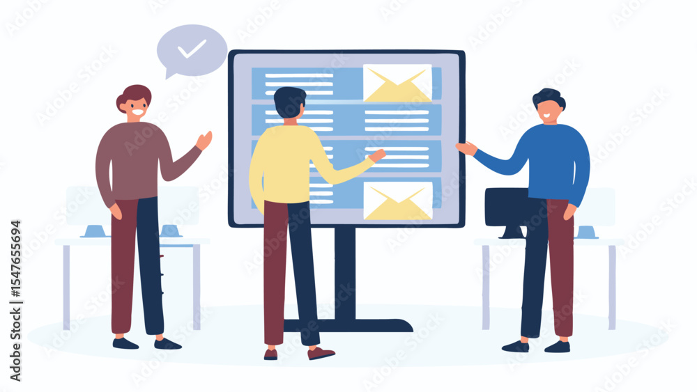 Poster three people presenting email interface on a large display in a modern office environment setting