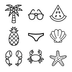Simple Line Art Icons Depicting Summer Vacation Activities