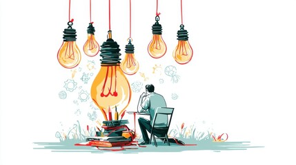Businessman finding solution under hanging light bulbs