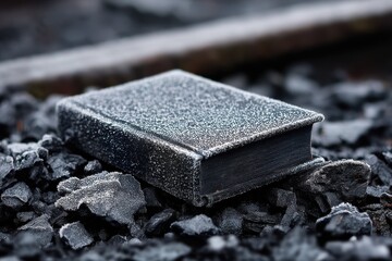 Book Covered in Frost on Coal - A hardcover book with icy frost on its cover lying atop rough black coal