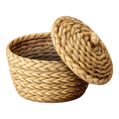 Obraz premium Open woven wicker basket with lid light beige isolated container storage