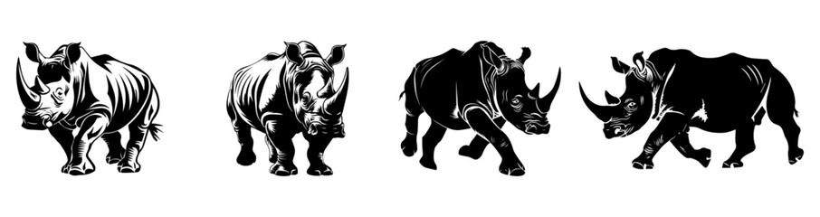 Obraz premium set of rhinoceros vector illustrations, walking rhino african wildlife and endangered species 