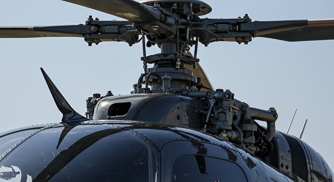 Close-up of a Helicopter's Main Rotor Head and Swashplate Mechanism