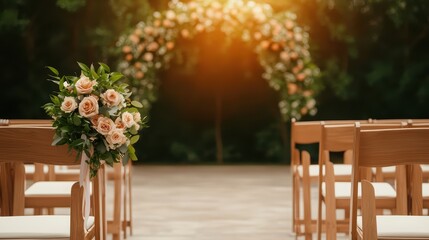 Obraz premium Beautiful floral arrangement in outdoor wedding ceremony with wooden chairs and greenery backdrop at sunset lighting