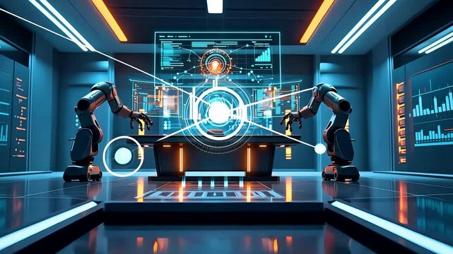 High-tech futuristic factory with robotic arms and digital interface glowing in a sleek automated environment