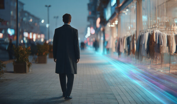 A person walks along a city sidewalk, surrounded by shops, as a futuristic self-cleaning technology demonstrates its ability to disinfect and maintain cleanliness in urban environments.