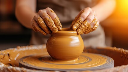 Hands Sculpting a Beautiful Clay Pot on a Potter's Wheel with Warm Lighting and Earthy Tones During Creative Process