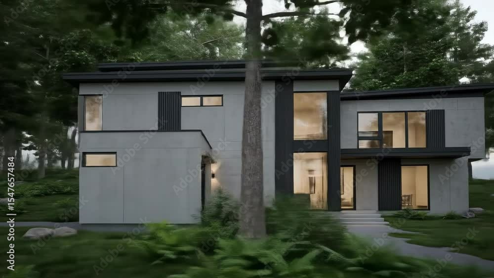 Poster modern architectural design of a two-story house surrounded by lush greenery in a forested area with
