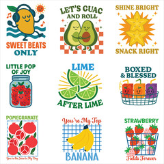 Fototapeta premium Collection of summer fruits T-shirt Vector, summer vibes, retro fruits Sayings Shirt, kawaii summer fruit illustration 