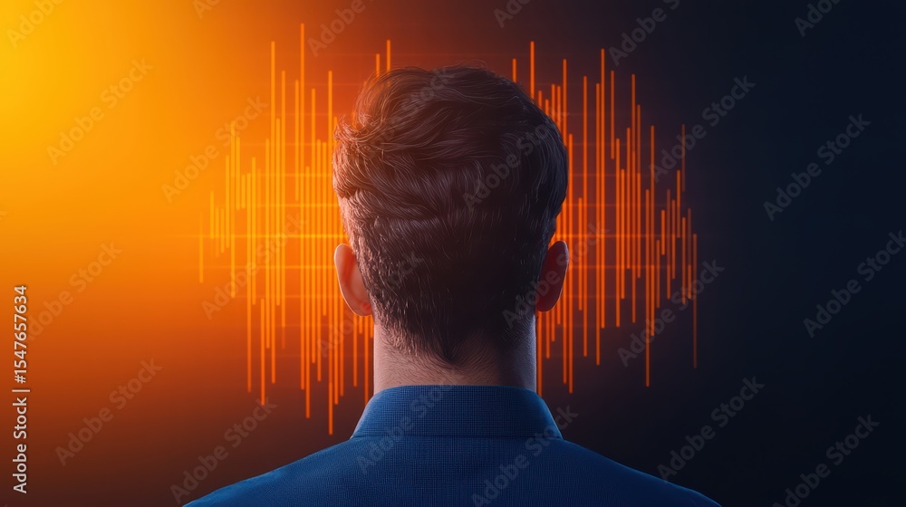 Poster man observing sound waves with abstract energy visualizations in a modern digital environment