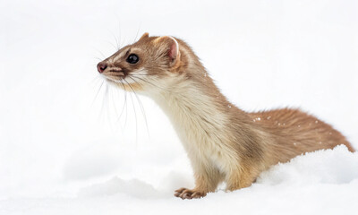 Alert Least Weasel standing in snow, winter wildlife scene, small mammal