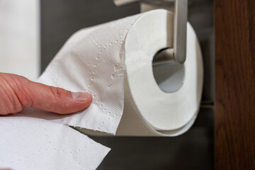 Close-up of hand tearing sheet from white toilet paper roll mounted on modern metal holder in...