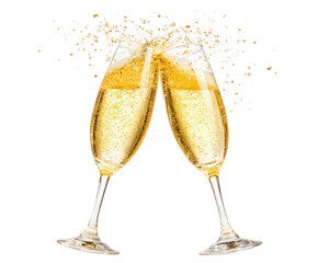 Two champagne flutes clinking together with golden bubbles and sparkling confetti, celebrating festive occasion with elegance and joy