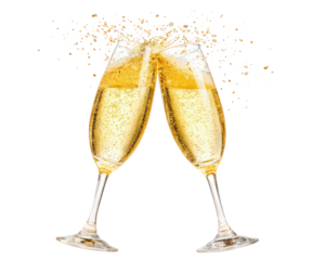 Two champagne flutes clinking together with golden bubbles and sparkling confetti, celebrating festive occasion with elegance and joy