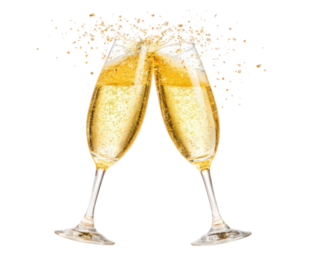 Two champagne flutes clinking together with golden bubbles and sparkling confetti, celebrating festive occasion with elegance and joy