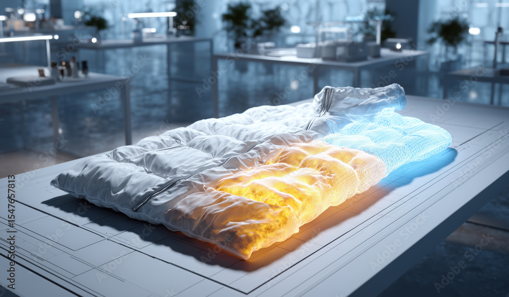 Aufkleber A vibrant display of advanced nanofabric technology is presented on a sleek table in a state-of-the-art laboratory.