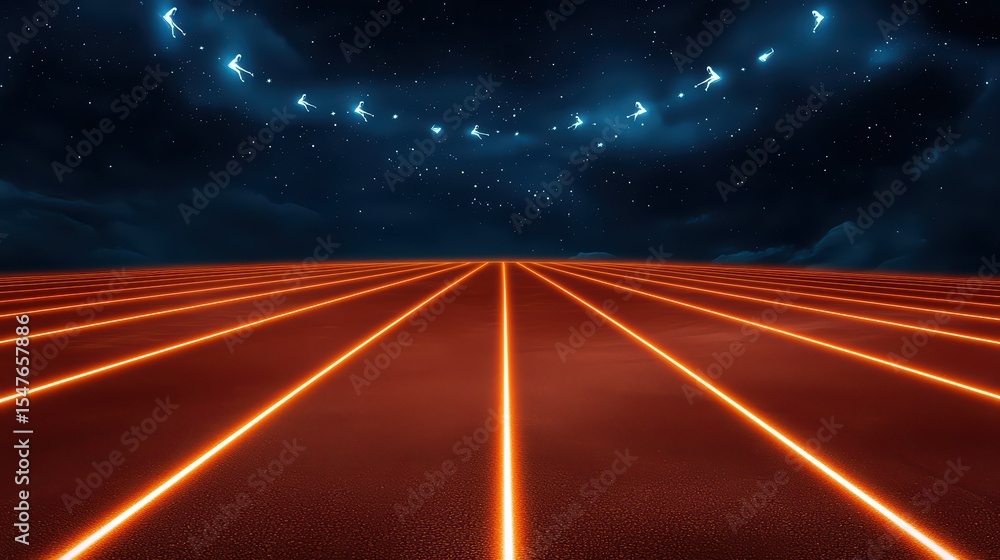 Poster futuristic landscape with neon lines under starry sky and dynamic arrow patterns above