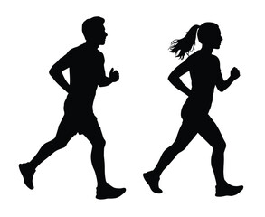 Running man and woman, silhouettes of people running pose, Marathon