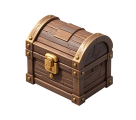  Isometric-style pirate chest with simple textured wood and a sleek gold padlock, isolated on a clean white background for game UI design.

