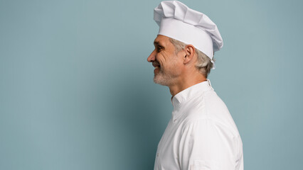 Profile side view half face portrait of handsome chef cook in beret and white outfit isolated on blue background