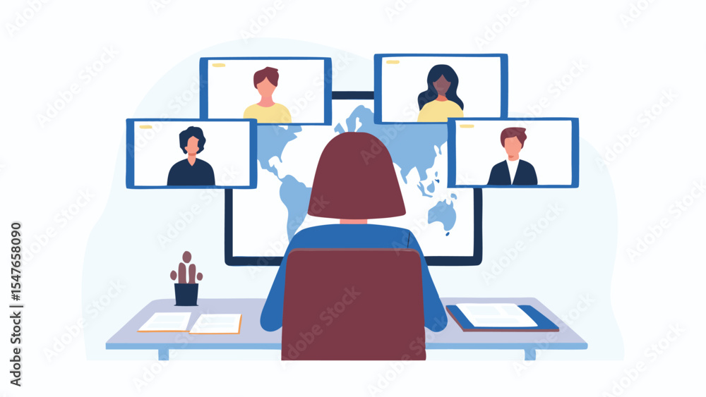 Poster person attending a virtual meeting with several participants displayed on multiple screens with worl
