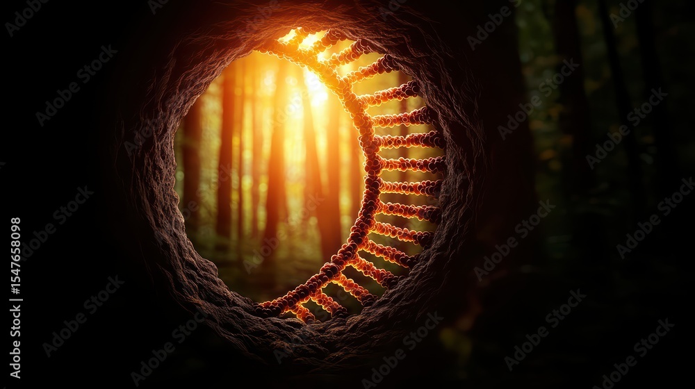 Poster abstract view of forest through circular textured opening with rays of sunlight illuminating the sce