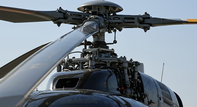 Close-up of a Helicopter's Main Rotor Head and Swashplate Mechanism