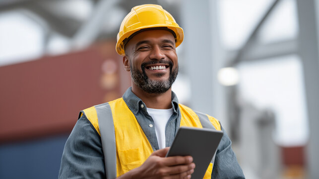 Smiling African American Engineer at Container Terminal with Tablet