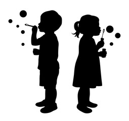 Kids blowing soap bubbles, child blows soup foam and make bubbles, little boy and girl blowing to make many bubbles