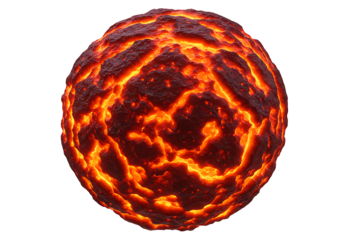 A spherical object reminiscent of a lava planet glows with intense orange and red light against a stark black background
